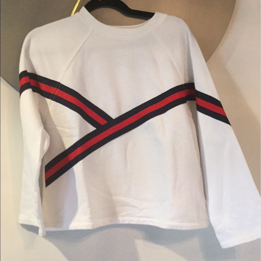 White Crew neck sweater with navy and red stripe